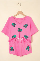 Bonbon Sequin Turquoise Pattern V Neck Tee and Drawstring Shorts Set