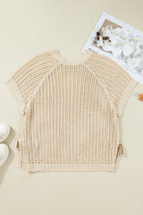 Black Plus Size Open Knit Bow Tie Short Sleeve Sweater