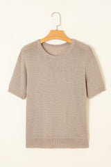 Beige Shiny Plain Short Sleeve Knit Top