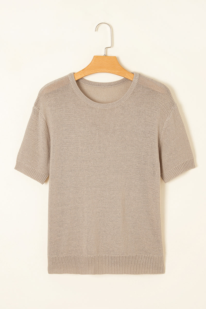 Beige Shiny Plain Short Sleeve Knit Top
