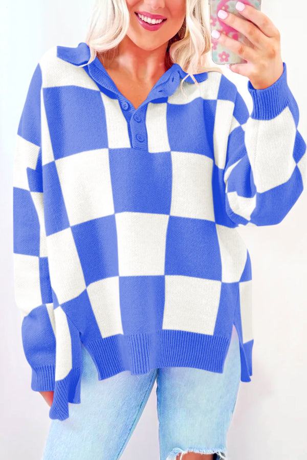 Sky Blue Checkered Button Collared Sweater