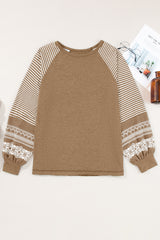 Tillandsia Purple Contrast Print Striped Raglan Long Sleeve Loose Top