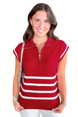 Fiery Red Striped Zipper Collar Knit Short Sleeve Sweater