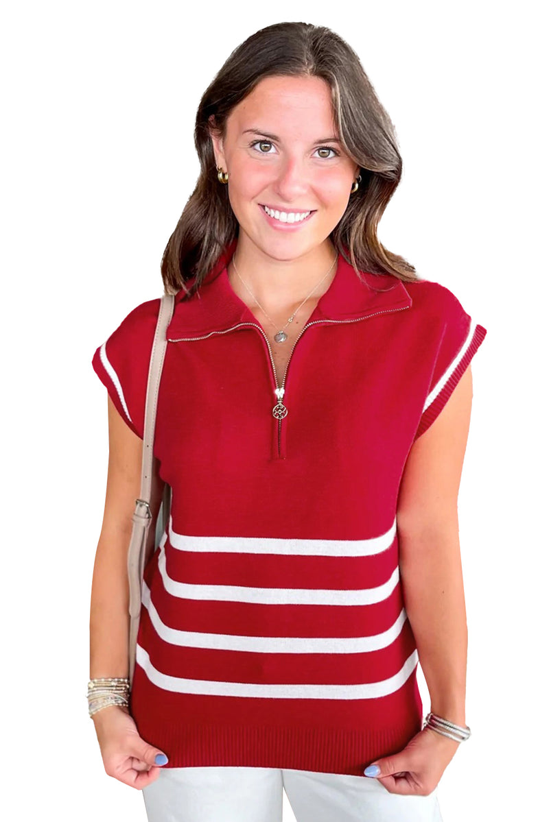 Fiery Red Striped Zipper Collar Knit Short Sleeve Sweater