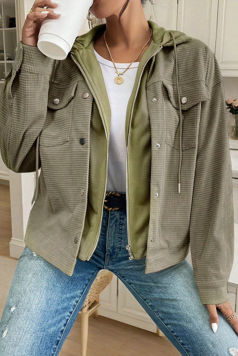 Beige Solid Color Textured Patchwork Flap Pocket Shacket