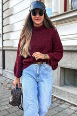 Burgundy Popcorn Mock Neck Solid Sweater