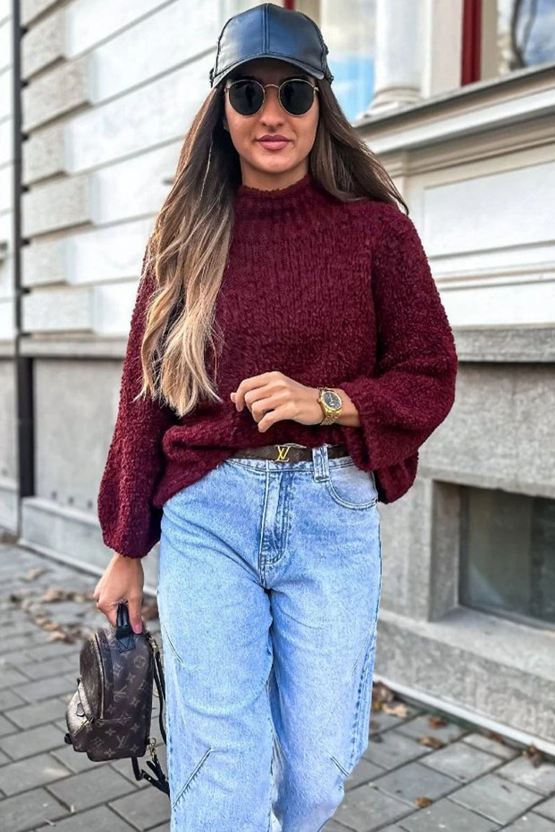 Burgundy Popcorn Mock Neck Solid Sweater