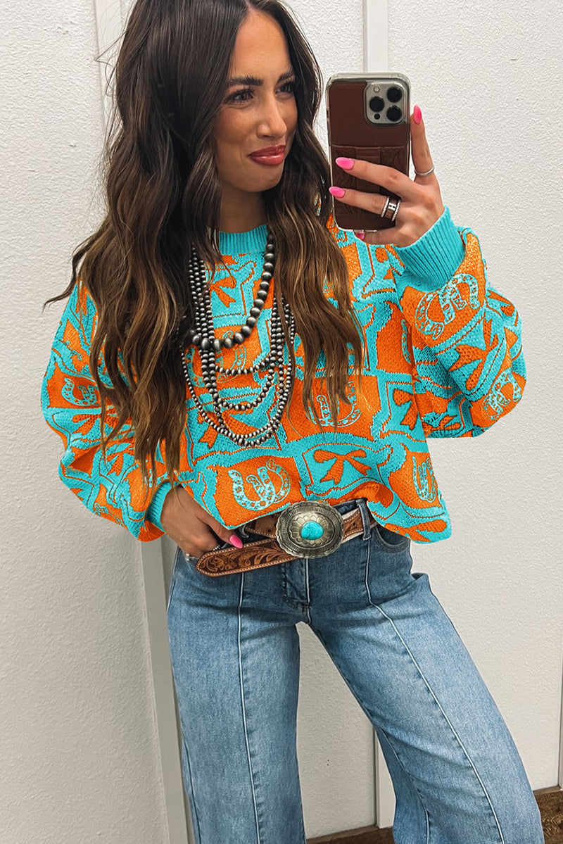 Black Colorblock Bow Pattern Drop Sleeve Sweater