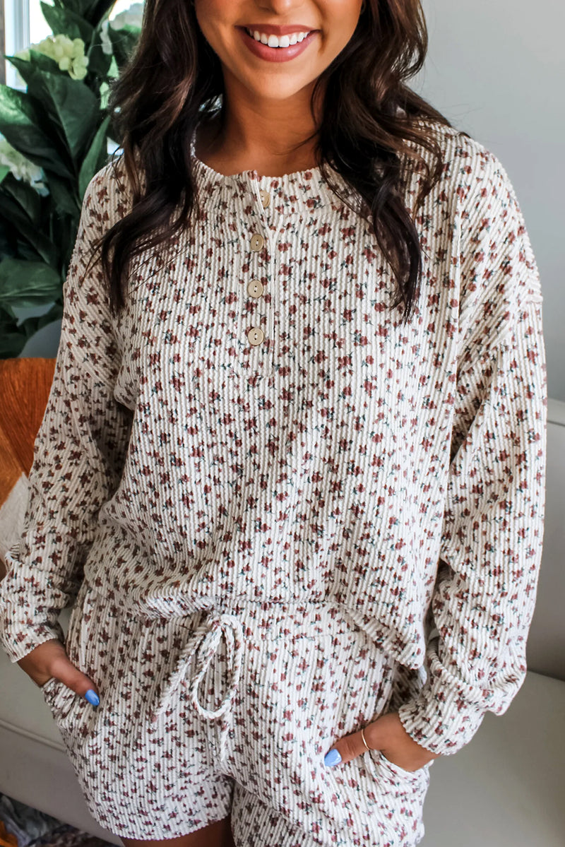 White Floral Print Ribbed Long Sleeve Pullover and Shorts Set