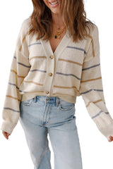 Multicolour Striped Buttoned Front V Neck Drop Shoulder Cardigan