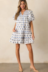 Sky Blue Floral Print Puff Sleeve Tiered Mini Dress