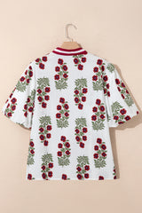 Black Plus Size Floral Print Ricrac Striped Trim Short Sleeve Cotton Blouse