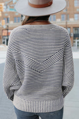 Light French Beige Striped Print Ribbed Knit Raglan Sleeve Baggy Sweater