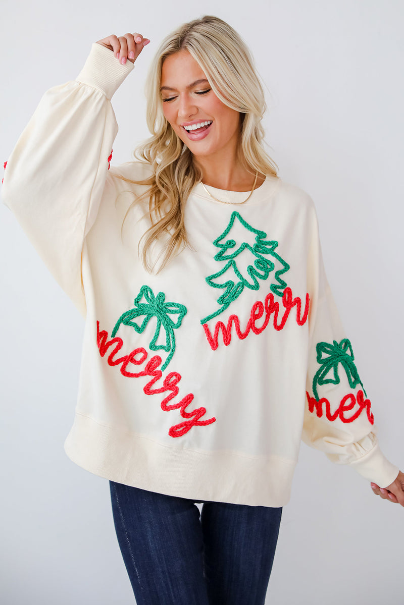 Beige Corded Christmas Pattern Oversize Sweatshirt