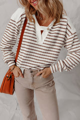 Khaki Stripe Textured Hooded Long Sleeve Top