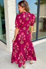 Red Floral Print Frilled V Neck Short Sleeve Ruffle Maxi Dress