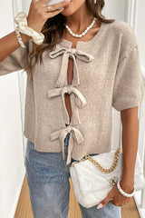 Jet Stream Bow Tie Front Round Neck Cardigan