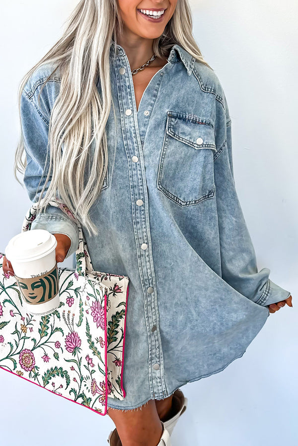 Beau Blue Chest Pocket Raw Hem Denim Loose Shirt Dress