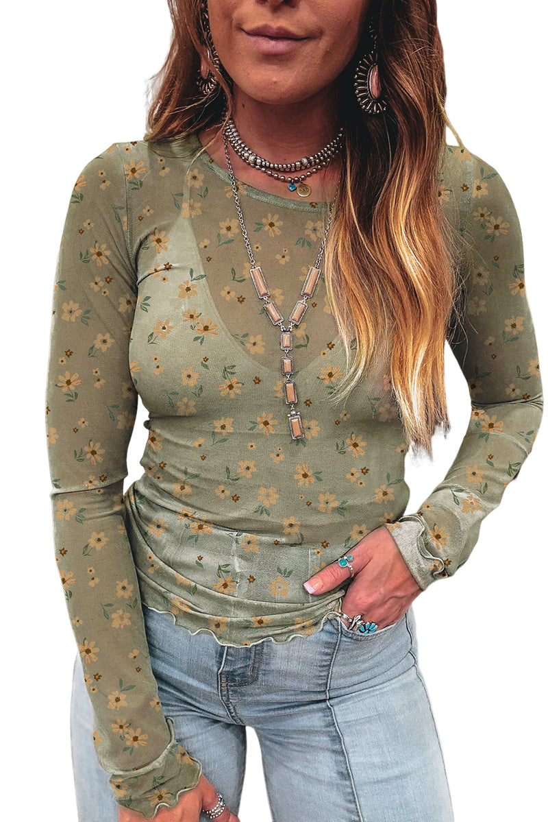 Laurel Green Vintage Floral Print Mesh Slim Fit Long Sleeve Top