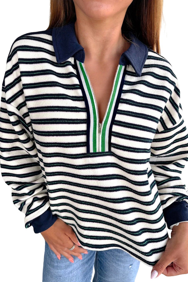 Navy Blue Pop of Color V Neck Striped Long Sleeve Top