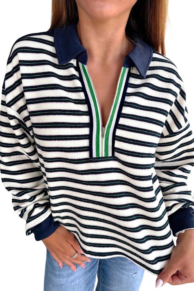 Navy Blue Pop of Color V Neck Striped Long Sleeve Top