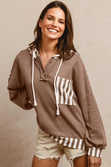 Straw Yellow Waffle Texture Striped Patchwork Drawstring Henley Hooded Top