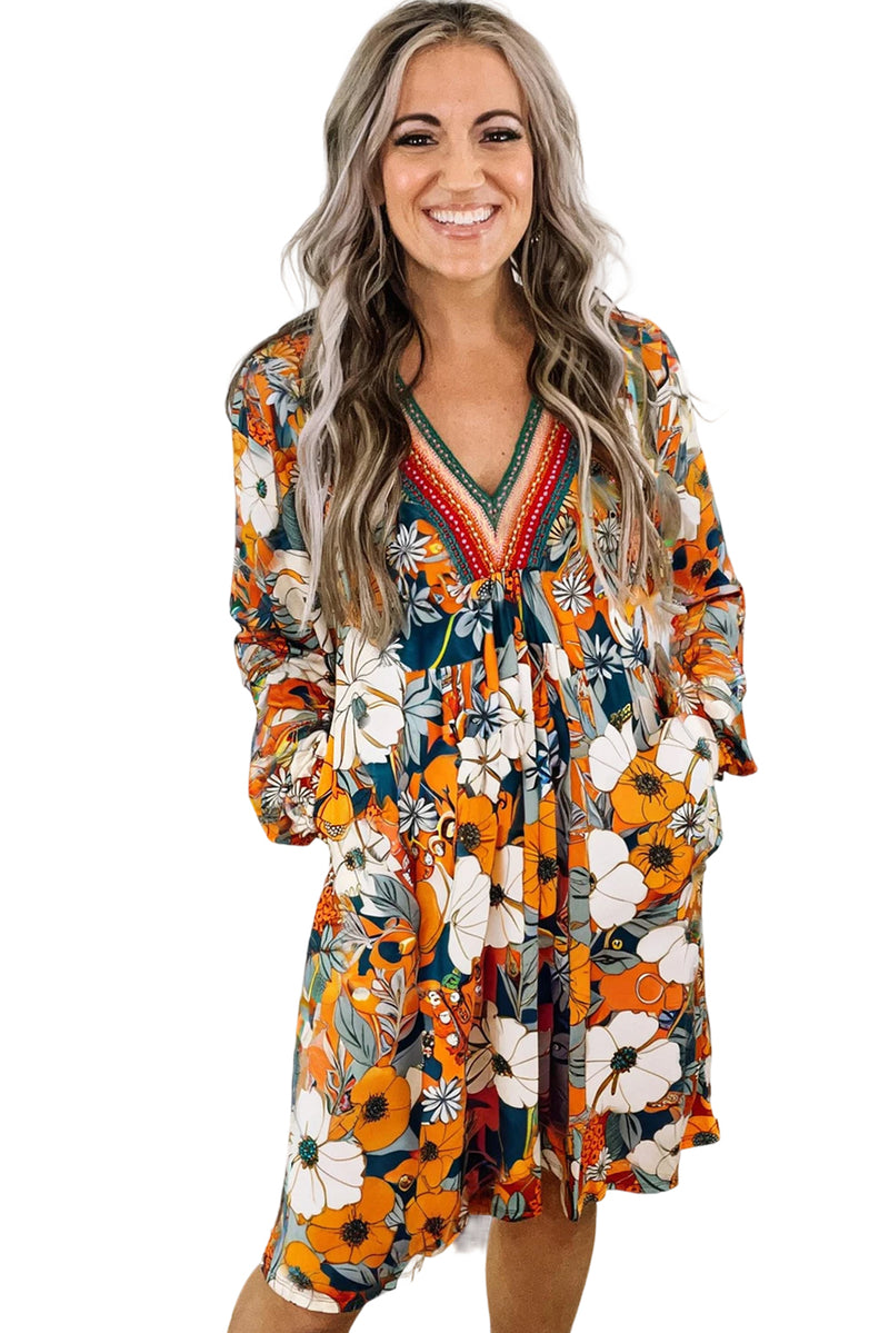 Orange Floral Print Striped Lace V Neck Long Sleeve Mini Dress