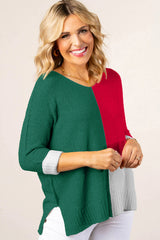 Chestnut Color Block Knit V Neck Loose Sweater