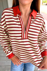 Racing Red Pop of Color V Neck Striped Long Sleeve Top