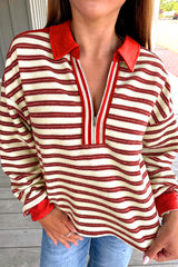 Racing Red Pop of Color V Neck Striped Long Sleeve Top