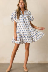 Sky Blue Floral Print Puff Sleeve Tiered Mini Dress