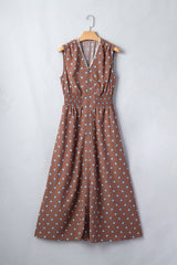 Black Polka Dot Print Contrast Trim V Neck Zip Up Sleeveless Dress