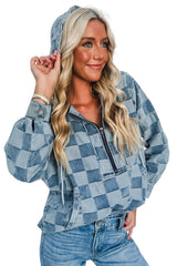 Sky Blue Checkerboard Zipped Collar Kangaroo Pocket Denim Hoodie