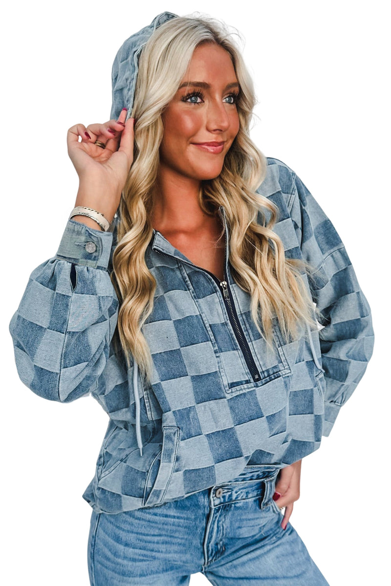 Sky Blue Checkerboard Zipped Collar Kangaroo Pocket Denim Hoodie
