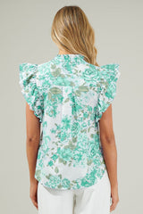 Green Floral Print Ruffle Sleeve Frill Shirt