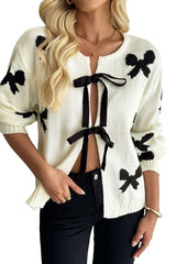 White Lace-Up Front Bow Pattern Round Neck Knit Cardigan
