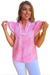 Pink Abstract Print Ric Rac Trim Flutter Sleeve Notch V Neck Blouse