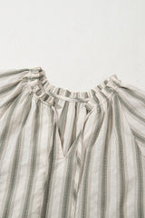Gray Stripe Frilled Tie Neck Short Sleeve Blouse