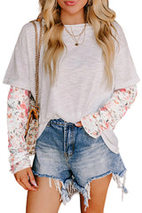 White Floral Mesh Patchwork Sleeve Fake Two-Piece Top