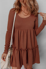 Straw Yellow Ribbed Frilled Trim High Waist Long Sleeve Mini Dress