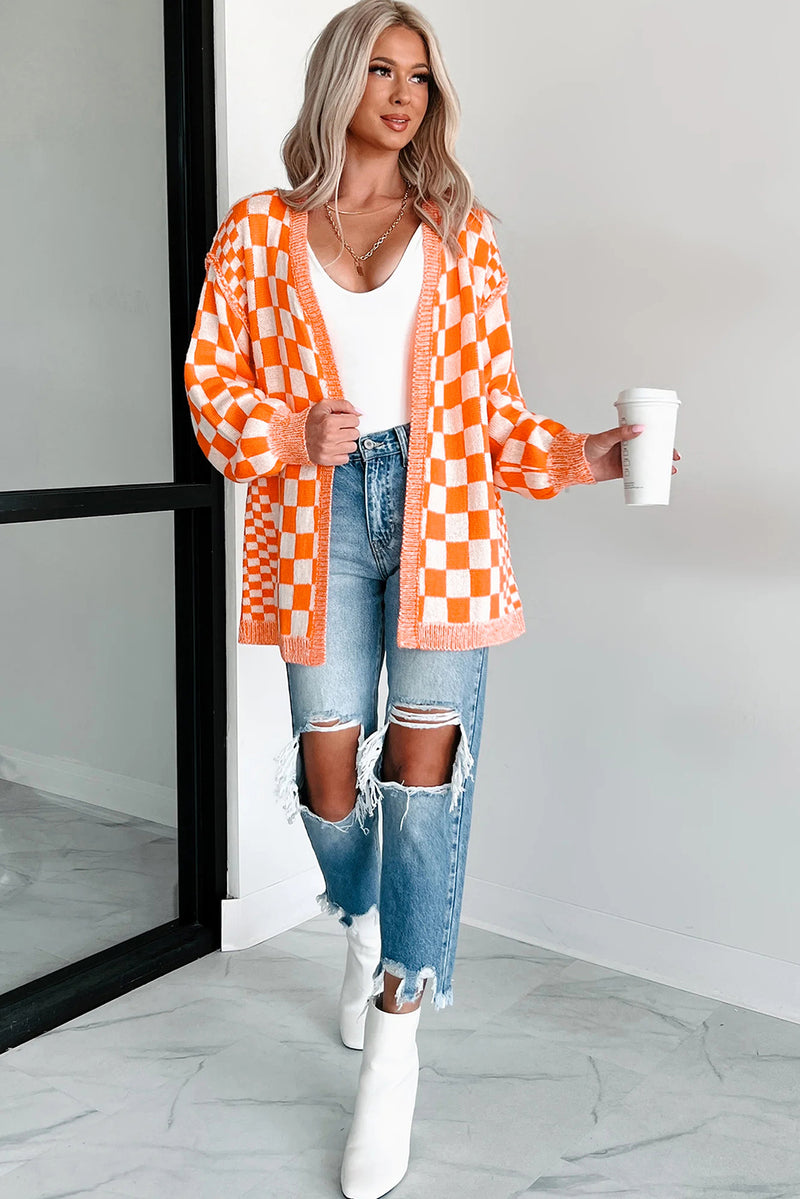 Orange Checkered Open Front Drop Shoulder Cardigan