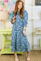 Brown Floral Printed Frilled V Neck Bracelet Sleeve Long Dress