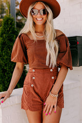 Clay Button Decor Scalloped Edge High Waist Corduroy Shorts