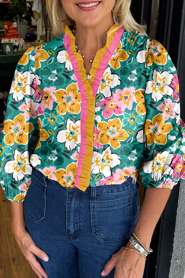 Green Leopard Print Contrast Trim Frilled V Neck 3/4 Sleeve Blouse