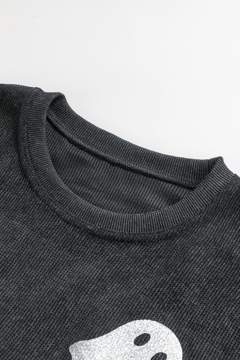 Blue Halloween Ghost Corded Crew Neck Loose Sweatshirt