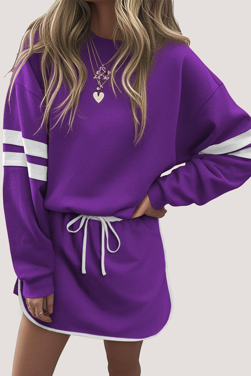 Sky Blue Varsity Stripe Detail Drop Shoulder Pullover Mini Skort Set