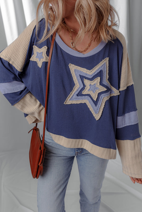 Dark Blue Knitted Colorblock Patchwork Star Patched Long Sleeve Top