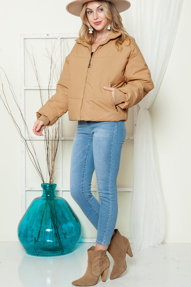Black Solid Zip Up Pocketed Puffer Coat