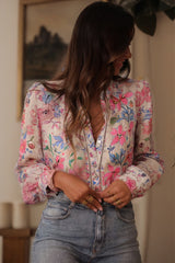 Pink Floral Print Lace Detail Button-up Long Sleeve Shirt