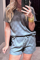 Gray Checkered V Neck Tee and Drawstring Shorts Pajama Set